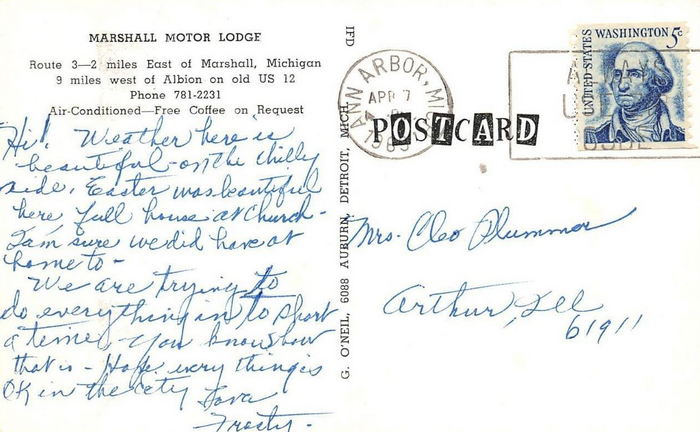 Marshall Motor Lodge - Vintage Postcard